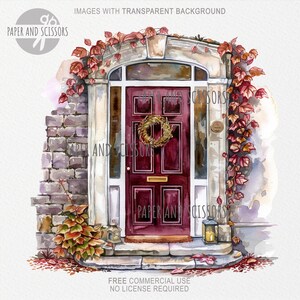 May include: Watercolor illustration of a burgundy front door with a gold wreath and a brass mail slot. The door is framed by stone and brick, with autumn leaves and foliage. The text "PAPER AND SCISSORS" is visible.