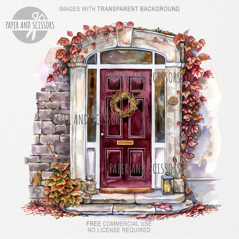 May include: Watercolor illustration of a burgundy front door with a gold wreath and a brass mail slot. The door is framed by stone and brick, with autumn leaves and foliage. The text "PAPER AND SCISSORS" is visible.