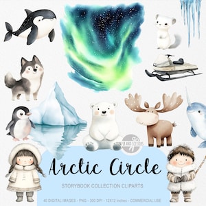 Op de afbeelding: Waterverfillustraties van Arctische dieren en landschappen, waaronder een ijsbeer, husky, pinguïn en noorderlicht. De tekst "Arctic Circle" is afgebeeld. De afbeelding is gelabeld met "Storybook Collection Cliparts".