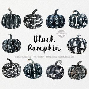 10 Halloween schwarze Kürbisse ClipArt, gruselige PNG, gruselige Witchy Dekoration, Aufkleber, Aquarell Schädel, Knochen, Fledermaus, Spinne, Geist, Dark Academia