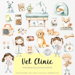 May include: Watercolor illustrations of a vet clinic with various animals, medical tools, and staff. Includes a dog with a cone, a cat in an MRI machine, and the text "Vet Clinic".