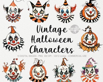 Puede incluir: Diez imágenes digitales de personajes de Halloween vintage. Los personajes son una mezcla de payasos y calabazas con caras de miedo. Las imágenes están en formato PNG y tienen una resolución de 300 DPI. Cada imagen mide 12x12 pulgadas y se puede utilizar con fines comerciales.