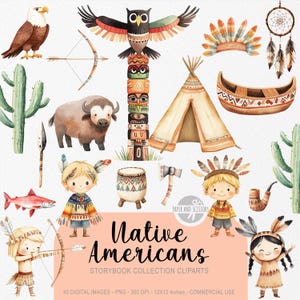 40 ClipArts fofos de nativos americanos, livro de histórias em aquarela, berçário indígena, convite e decoração para festa de aniversário, licença comercial para download instantâneo