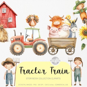 May include: Watercolor illustration featuring a red tractor with a turkey on top, a wooden cart filled with farm animals, and a red barn. The image includes the text "Tractor Train" and is labeled as a storybook collection.