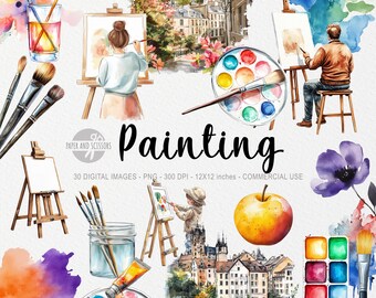 Painting Hobby Clipart, Watercolor Art Clipart, Watercolor Aquarell Supplies PNG, Artist Clipart, Digital Download, Journaling, Scrapbooking
