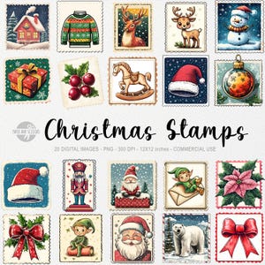 20 timbres-poste de Noël ClipArts, vacances PNG, hiver vintage imprimable, lettre du père Noël de vacances, journalisation, scrapbooking, planificateur