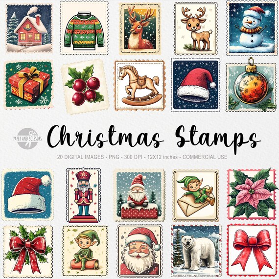 20 Christmas Postage Stamps ClipArts, Holiday PNG, Vintage Winter Printable, Holiday Santa Claus Letter, Journaling, Scrapbooking, Planner
