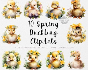 May include: Ten digital clip art images of cute yellow ducklings wearing flower crowns and bows. The ducklings are surrounded by yellow flowers and green leaves. The images are perfect for spring crafts and projects.