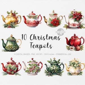 10 Weihnachten Teekannen ClipArt, Aquarell Weihnachten Teekannen PNG, Teetasse PNG, Tee, trinken PNG, Weihnachtsgetränke, Weihnachtsessen, Weihnachtsstern