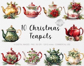 10 Théières de Noël ClipArt, Théières de Noël aquarelle PNG, Tasse de thé PNG, Thé, Boisson PNG, Boissons de Noël, Nourriture de Noël, Poinsettia