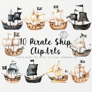 10 imágenes prediseñadas de barco pirata, pequeño marinero PNG, linda acuarela, acorazado, capitán, transporte, baby shower, sublimación, decoración de guardería, niño