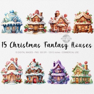 15 Christmas Fantasy Houses ClipArt, Watercolor Christmas Fantasy Houses PNG, Cookies, Dessert, Sweets, Candy, Food ClipArt, Christmas PNG