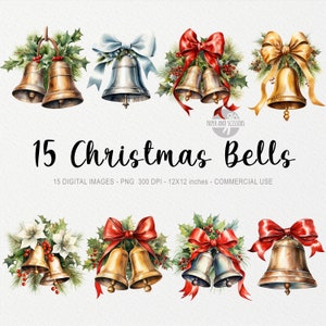 15 Bells ClipArt, Bell PNG, Watercolor Bell illustration, Christmas Bundle, Winter Clipart, Holiday ClipArt, Santa Claus PNG,Christmas Decor