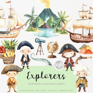 May include: Watercolor illustrations of explorers, ships, and tropical islands. Includes cartoon characters in explorer outfits, a telescope, globe, and a volcano. The text "Explorers" is displayed in a whimsical font.