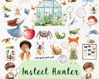 35 adorables imágenes prediseñadas de cazadores de insectos, cuentos de parques de acuarela, guarderías al aire libre, insectos entomólogos, invitaciones y decoraciones para fiestas de cumpleaños, descarga instantánea.