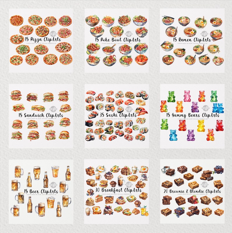 May include: A digital collage of watercolour illustrations featuring various food and drink items. The collage includes pizza, poke bowls, ramen, sandwiches, sushi, gummy bears, beer, breakfast foods, and brownies.