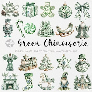 20 cliparts de Noël chinoises, PNG Grandmilenial, décembre preppy confortable, décoration de maison de vacances, autocollant imprimable par sublimation, toile verte
