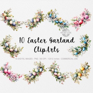 10 cliparts de guirlande de Pâques, oeuf de Pâques PNG, illustration de printemps, aquarelle de Pâques, sublimation, décoration imprimable, fleurs, couronne de fleurs