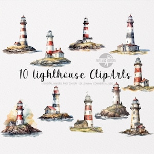 10 Leuchttürme ClipArt, Leuchtturm PNG, Leuchtturm Illustration, Aquarell Leuchttürme, Lightouse Art, Sea Art, Beach Art, Blick aufs Meer
