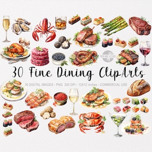 30 ClipArt di cucina raffinata, PNG di cibo gourmet, Illustrazione di gastronomia, Cibo raffinato ad acquerello, Bistecca, Aragosta, Granchio, Vino, Caviale, Antipasti