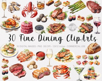 May include: A collection of 30 watercolor illustrations of fine dining foods, including seafood, steak, sushi, bread, and desserts. The illustrations are in a realistic style and are perfect for use in menus, recipe books, or other culinary projects.