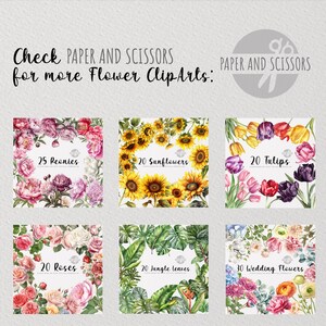 May include: A collection of six watercolor flower clip art images. The images include peonies, sunflowers, tulips, roses, jungle leaves, and wedding flowers. Each image has a white background and a text label indicating the type of flower and the number of images included.