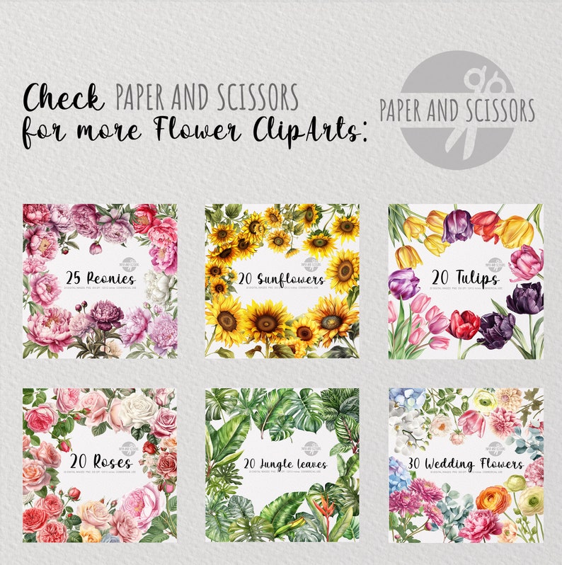 May include: A collection of six watercolor flower clip art images. The images include peonies, sunflowers, tulips, roses, jungle leaves, and wedding flowers. Each image has a white background and a text label indicating the type of flower and the number of images included.