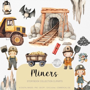 30 Little Miner ClipArts, Kopalnia akwarelowa PNG, Plac budowy, Przyjęcie urodzinowe, Motyw dziecięcy, Dekoracja bajkowa, Ciężarówka, Licencja komercyjna