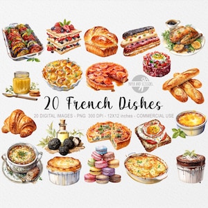 20 ClipArt di cibo francese, Piatti francesi PNG, Illustrazione del cibo della cucina francese, Piatti francesi ad acquerello, Ricette di libri di cucina, Download istantaneo