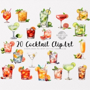 20 ClipArt di cocktail, PNG di frutta, Illustrazione di cocktail, Cocktail ad acquerello, PNG di bevande, ClipArt di bevande, PNG di cibo, Bar, Ristorante, Estate