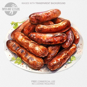 May include: A white plate piled high with grilled sausages. The sausages are brown and slightly charred, with a glossy sheen. The plate is decorated with small white dots and a few sprigs of green parsley.
