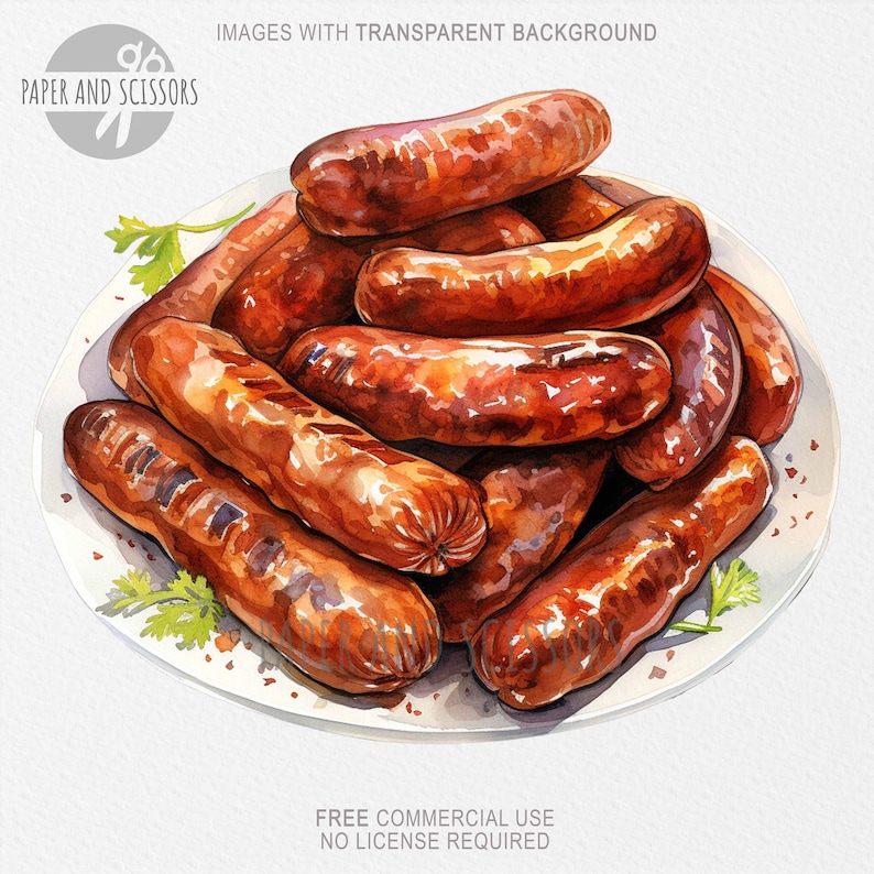 May include: A white plate piled high with grilled sausages. The sausages are brown and slightly charred, with a glossy sheen. The plate is decorated with small white dots and a few sprigs of green parsley.