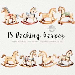 15 ClipArt giocattolo cavallo a dondolo di Natale, PNG cavallo a dondolo, illustrazione del giocattolo pony acquerello, pacchetto di Natale, regalo di Natale, arte della scuola materna