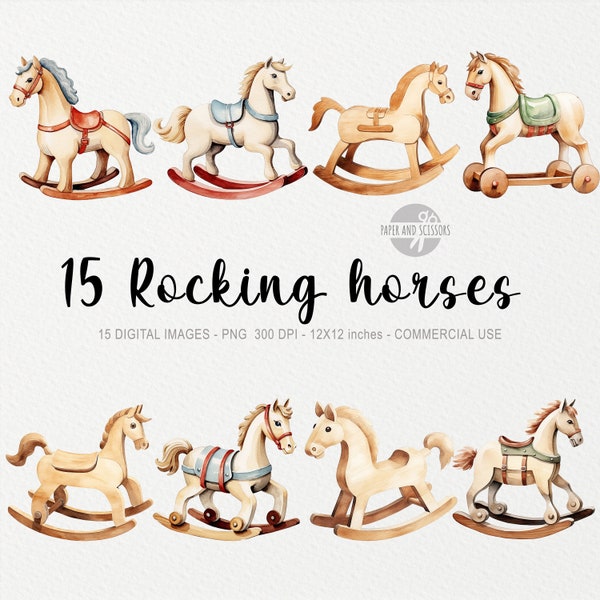 15 Christmas Rocking Horse Toy ClipArt, Rocking Horse PNG, Watercolor Pony Toy illustration, Christmas Bundle, Christmas Present,Nursery Art