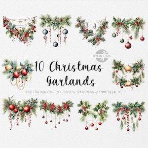 10 ClipArt ghirlanda di Natale, ghirlanda PNG, illustrazione ghirlanda, ghirlanda verde acquerello, ghirlanda verde, decorazione natalizia