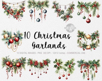 10 Christmas Garland ClipArt, Garland PNG, Garland illustration, Watercolor Greenery Garland, Greenery Garland, Christmas Decoration