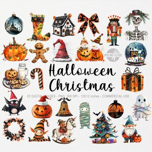 25 Halloween Christmas ClipArt, Upiorny wystrój PNG, Naklejki na imprezę, Hallothanksmas, Licencja komercyjna, Akwarela, Święty Mikołaj, Duch, Nietoperz, Światła