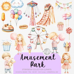 Könnte beinhalten: Aquarellillustrationen eines Vergnügungsparks mit Riesenrad, Achterbahn und Karussell. Enthält Cartoon-Kinder, Zuckerwatte, Popcorn und eine lächelnde Sonne. Der Text "Amusement Park" ist ebenfalls enthalten.