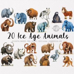 20 ClipArts de animales de la Edad de Hielo, PNG de acuarela ártica, arte de pared de baby shower, decoración de guardería, linda edad de hielo, pegatinas, mamut, gato dientes de sable