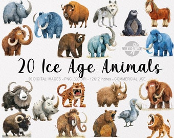20 Ice Age Animals ClipArts, Arctic Watercolor PNG, Baby Shower Wall Art, Nursery Decor, Cute Ice Age, Stickers, Mammoth, Sabertooth Cat