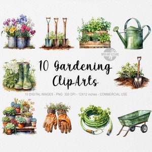 10 cliparts de jardinage, jardinage PNG, illustration d'outils de jardin, aquarelle de jardin, PNG floral, clipart fleurs, fleurs PNG, clipart printemps