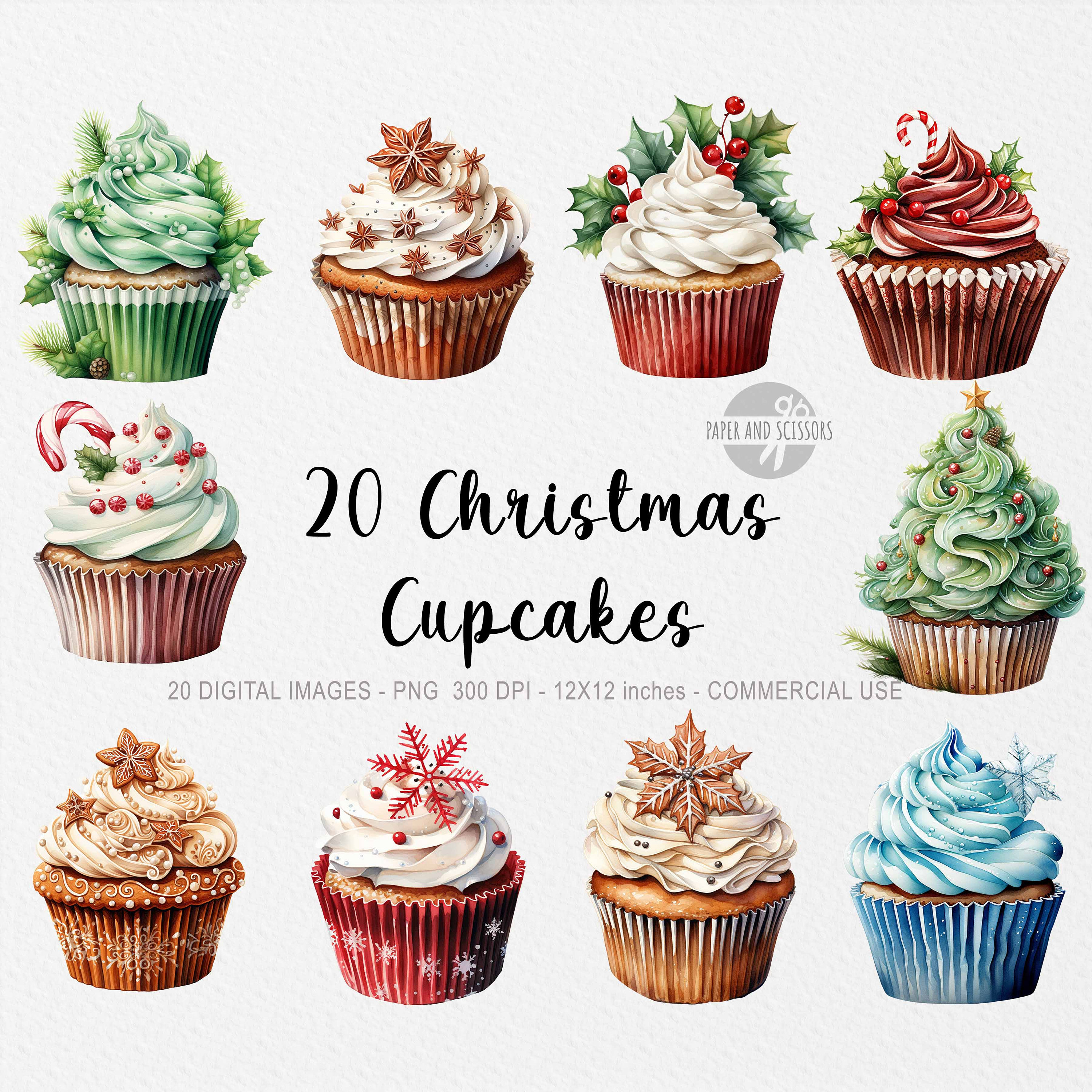 20 Christmas Cupcakes Clipart, Christmas Cupcakes PNG, Watercolor ...