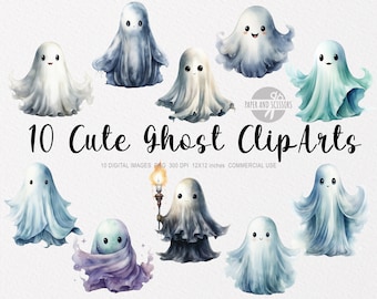 10 lindo fantasma ClipArt, acuarela fantasma PNG, imágenes prediseñadas de Halloween, PNG de Halloween, arte de la pared de Halloween, temporada espeluznante, mago, bruja, calabaza