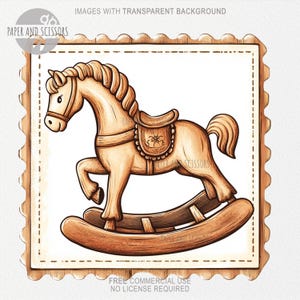 May include: A vintage-style illustration of a rocking horse in shades of brown and tan. The horse has a saddle and a flowing mane and tail. The image is framed within a postage stamp-like border. Text includes "PAPER AND SCISSORS" and "FREE COMMERCIAL USE".