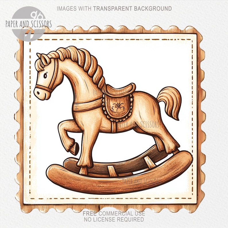 May include: A vintage-style illustration of a rocking horse in shades of brown and tan. The horse has a saddle and a flowing mane and tail. The image is framed within a postage stamp-like border. Text includes "PAPER AND SCISSORS" and "FREE COMMERCIAL USE".
