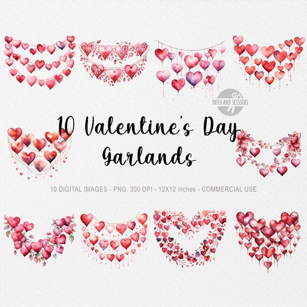 10 Valentine’s Day Garlands ClipArt, Garlands PNG, Garlands illustration, Romantic Decoration, Romantic Garlands, Hearts, Romantic Date