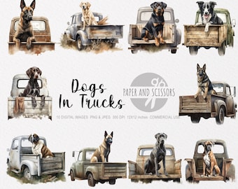 Perros en camiones Clipart, viejo camión de granja PNG, ilustración de camión rústico, imágenes prediseñadas de perros, animales de granja, camión de acuarela, decoración de granja, PNG de granja