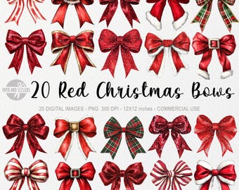 20 Christmas Red Bows PNG, Coquette Christmas Clipart, Santa Claus Bow Png, Christmas Sublimation Design, Merry Christmas, Preppy December
