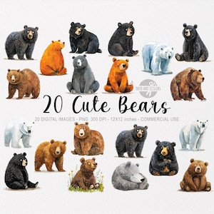20 cliparts ours, aquarelle des bois PNG, art mural baby shower, décoration de chambre d'enfant, ours mignons, autocollants, grizzly, ours polaire, ours brun