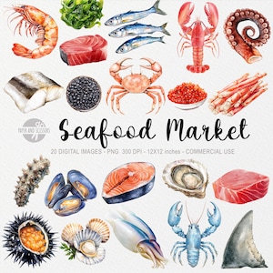 May include: Watercolor illustration of various seafood items, including shrimp, fish, lobster, crab, and oysters. The image also features the text "Seafood Market".